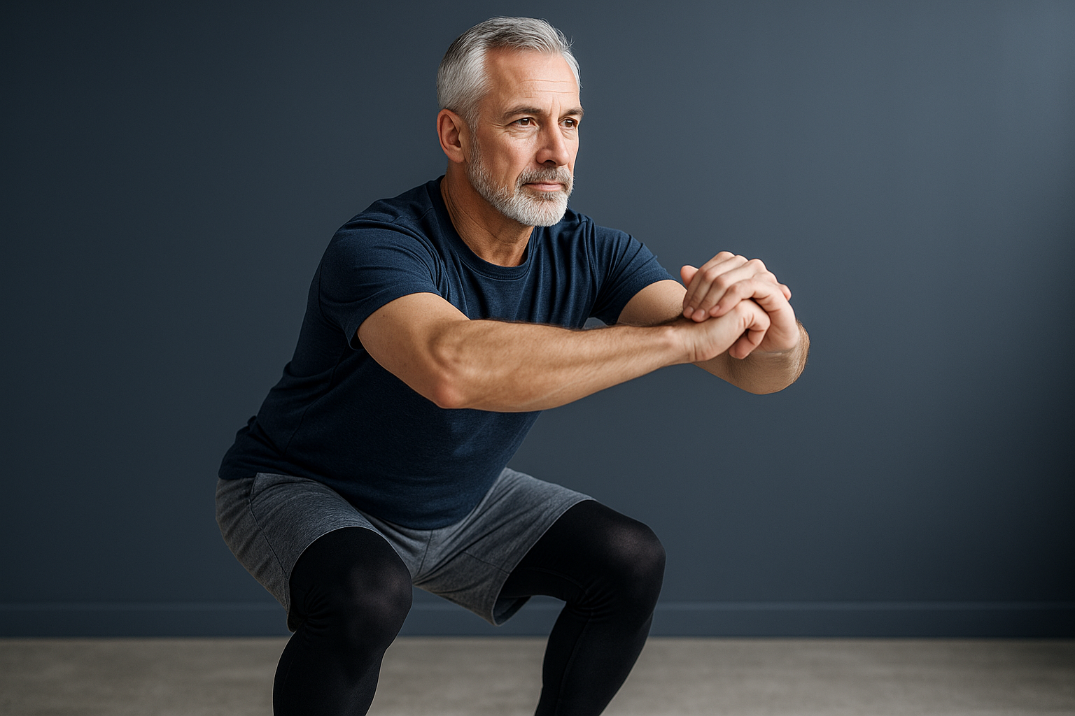 Western middle-aged man in sportswear doing squats, symbolizing reassurance and comfort with absorbent underwear for urinary leakage prevention through lower body training