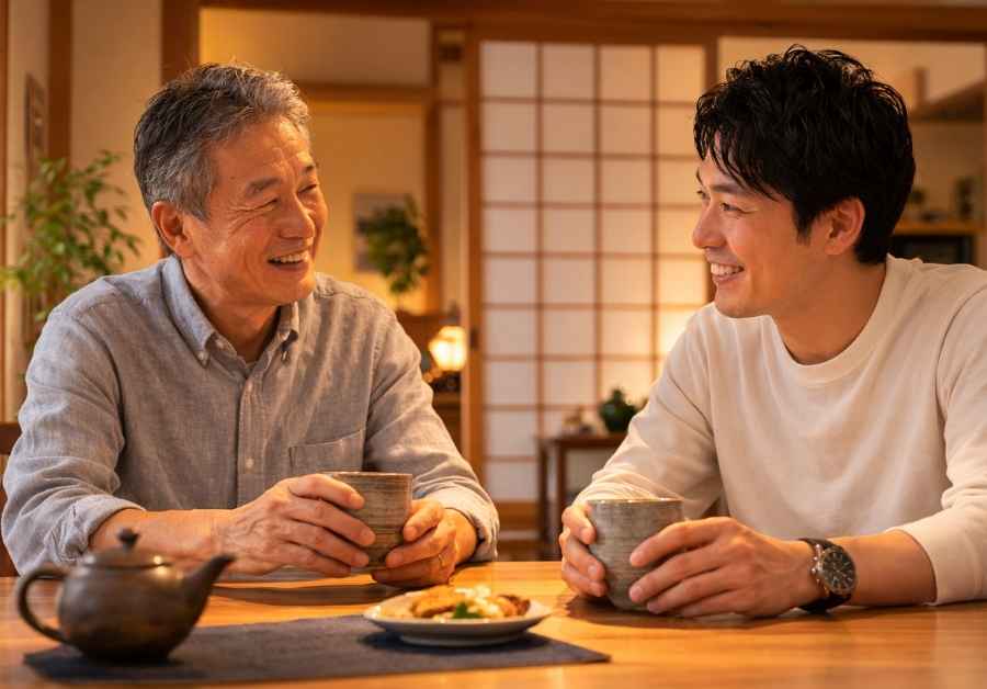 実家のダイニングでお茶を飲みながら会話する60代の父と30代の息子。家族の絆とさりげないサポートのイメージ。