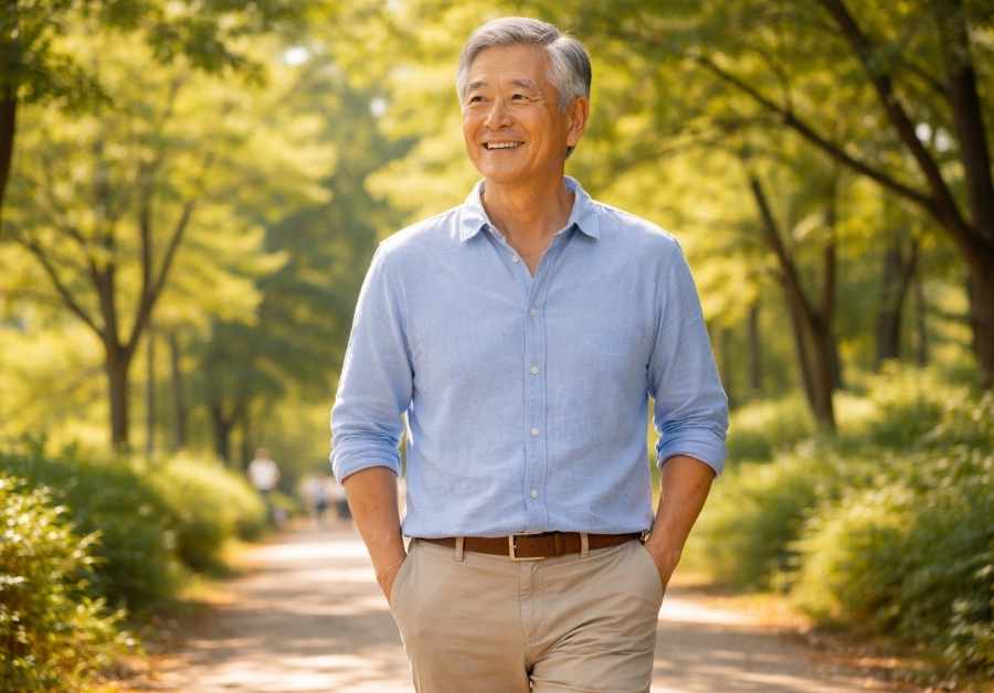 夏の公園を歩く中年男性｜夏の尿漏れ対策と汗・蒸れ・ニオイの乗り切り方