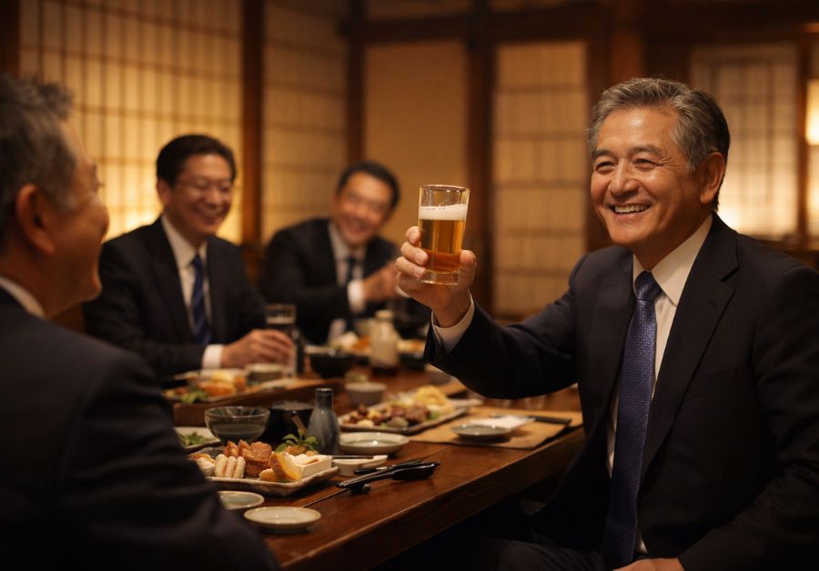 高級レストランで乾杯するビジネスマンたち - 飲み会・接待での尿漏れ対策ガイド