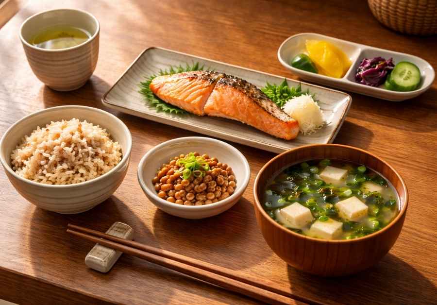 味噌汁・納豆・焼き鮭・玄米・漬物が並ぶ和朝食。腸内環境を整えて尿漏れケアにつながる食事のイメージ。