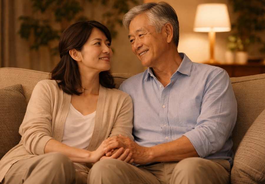 ソファでくつろぐ中年カップル｜尿漏れとパートナーとの親密さを取り戻すガイド