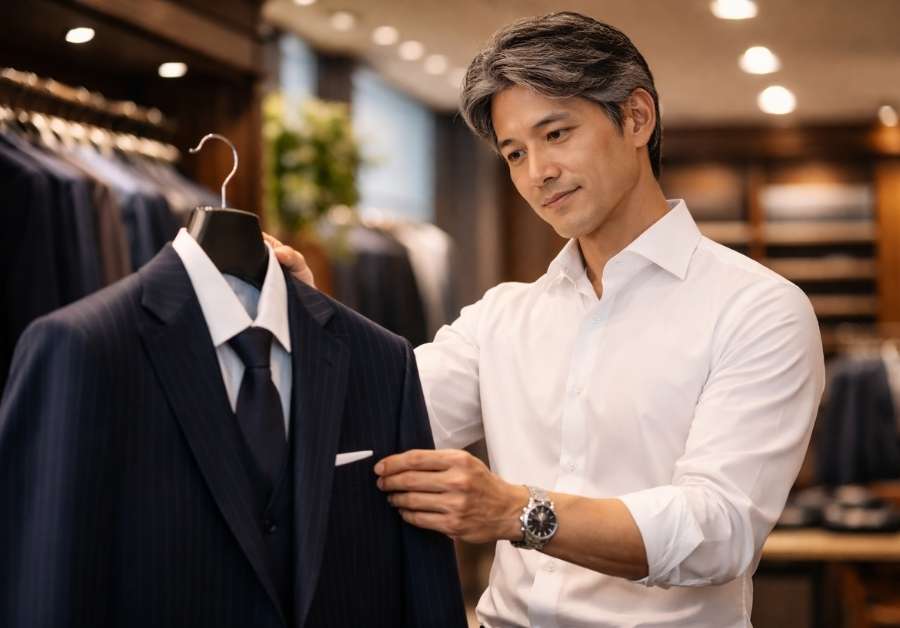 紳士服店でダークネイビーのスーツを選ぶ40代後半の日本人ビジネスマン