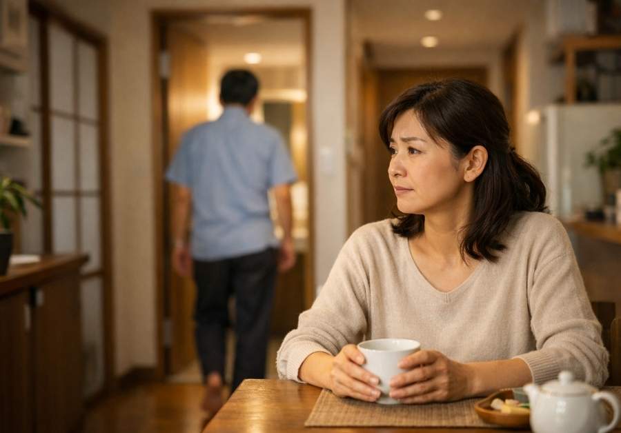 リビングでお茶を飲みながら、トイレに向かう夫の背中を心配そうに見つめる40代後半の妻。夫の頻尿に気づいた妻のイメージ。