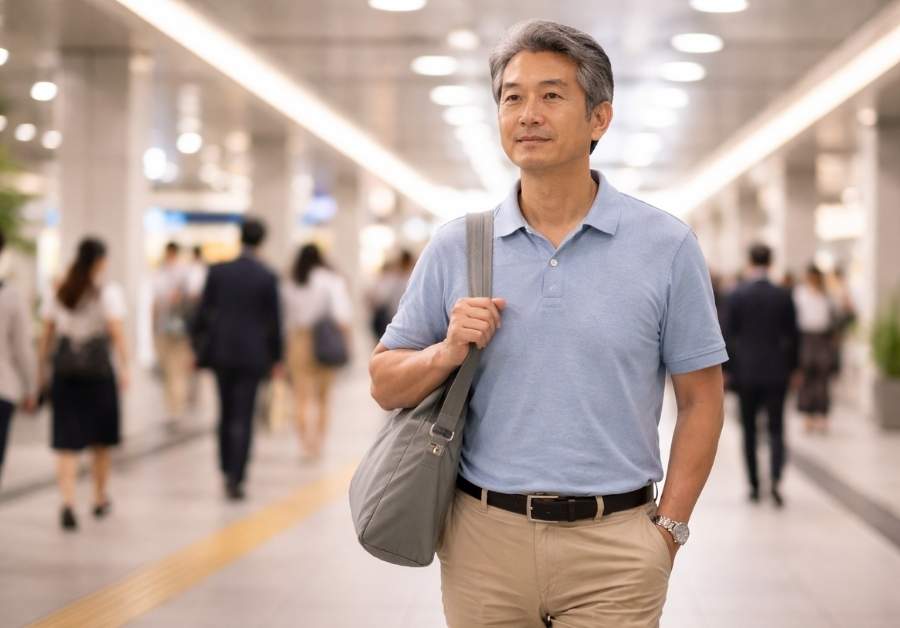駅構内を自信を持って歩く60代前半の日本人男性