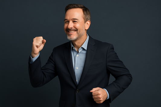 A Western middle-aged businessman in a suit smiling confidently, symbolizing health, reassurance, and the combined benefits of pelvic floor training and absorbent underwear for extending healthy life expectancy.