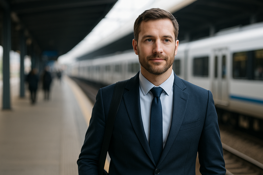 通勤電車のホームでスーツ姿の男性が落ち着いた表情で立っている