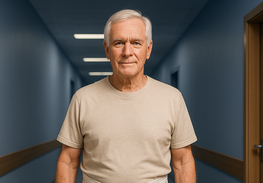 ネイビー背景で病院の廊下を歩く回復中の西欧人男性患者