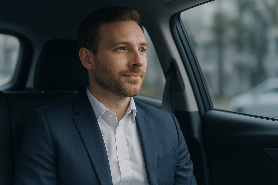 車の助手席で落ち着いた表情を見せるスーツ姿の男性