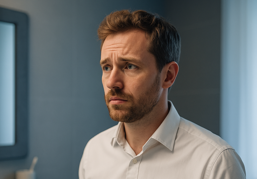 朝の洗面所で出かける前に不安そうな表情を浮かべる男性