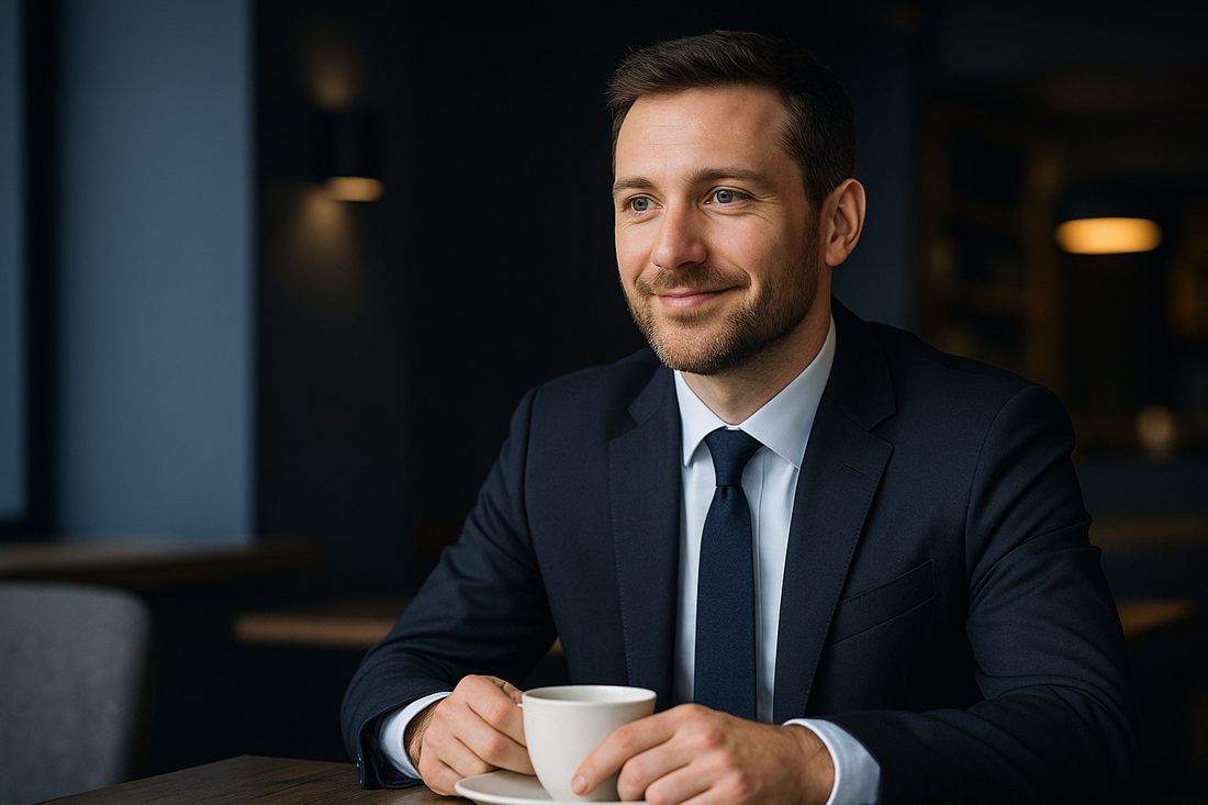 カフェで落ち着いた表情を見せるスーツ姿の男性