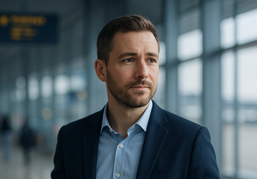 空港の出発ロビーでスーツケースを持ち落ち着いた表情を見せる男性