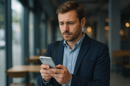 外出先で地図アプリを見てトイレの場所を確認する男性