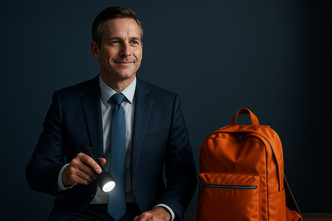 A Western middle-aged businessman in a suit holding a flashlight with an emergency bag beside him, symbolizing reassurance and the usefulness of absorbent underwear for men during power outages and water shortages.