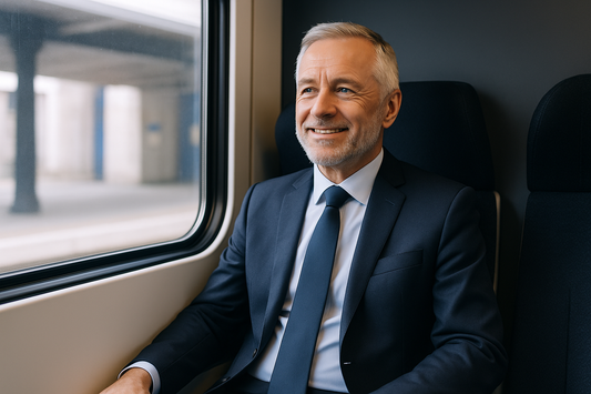 Senior Western businessman confidently riding a train, symbolizing reassurance with absorbent underwear for urinary leakage prevention during public transport