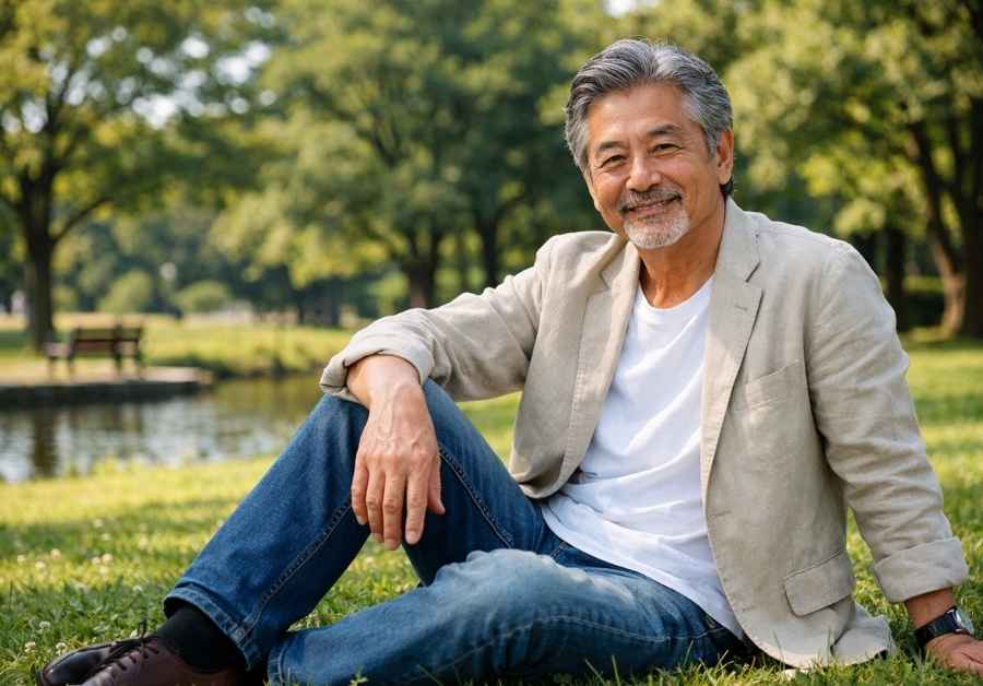 リラックスして芝生に座る日本人男性-sereni-尿漏れパンツ