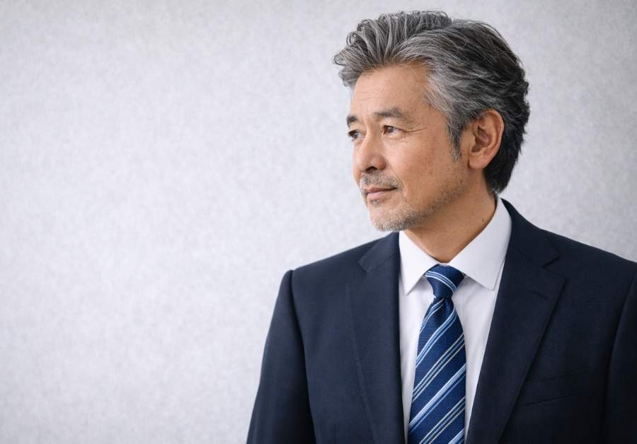 スーツを着て斜め横を見ている容姿の整った５０代日本人男性