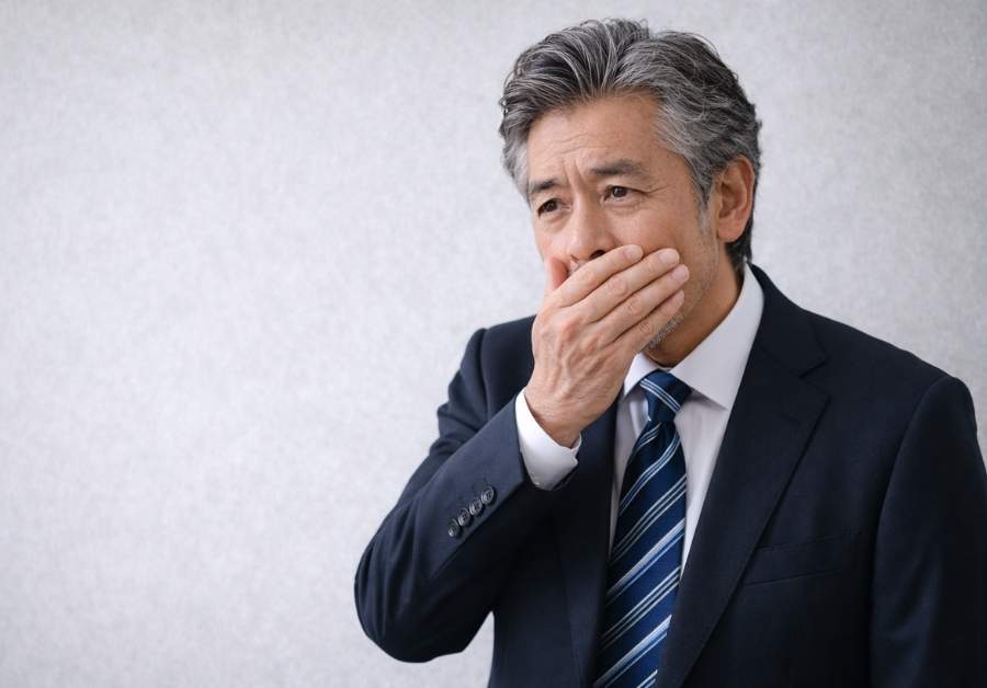 スーツを着て緊張して口あたりを手で押さえている容姿の整った６０代日本人男性