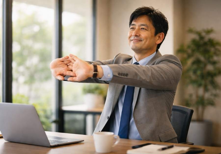 オフィスでデスクワークの合間にストレッチをする中年男性。座りすぎによる頻尿対策としてマイクロブレイクを実践するイメージ。