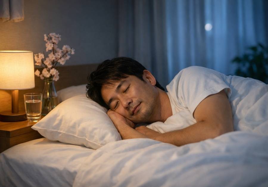 30代後半から40代の男性が現代的な寝室で平和に眠り質の良い睡眠を取っている様子