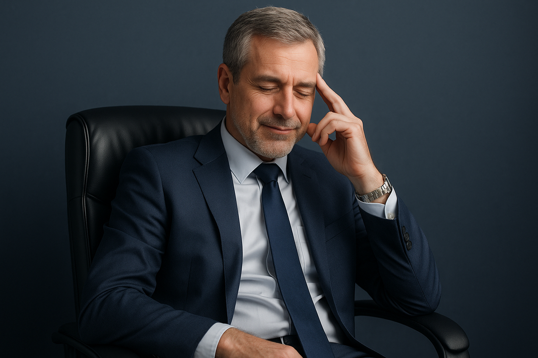 Western middle-aged businessman regaining calm in an office, symbolizing reassurance and comfort with absorbent underwear for urinary leakage prevention related to stress