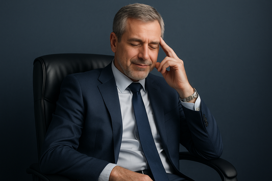 Western middle-aged businessman regaining calm in an office, symbolizing reassurance and comfort with absorbent underwear for urinary leakage prevention related to stress