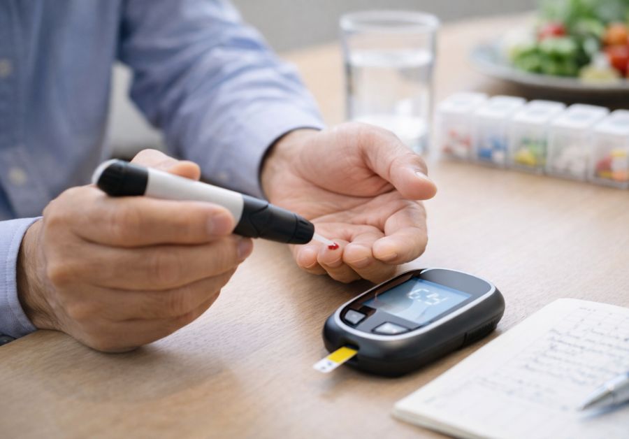 血糖値測定器を前に医師と相談する糖尿病患者 - 糖尿病と尿トラブルの関係ガイド