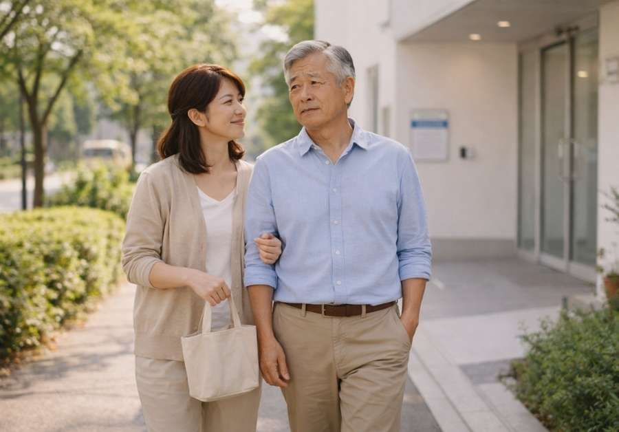 クリニックに向かう夫婦｜夫の泌尿器科受診を妻がサポートする方法