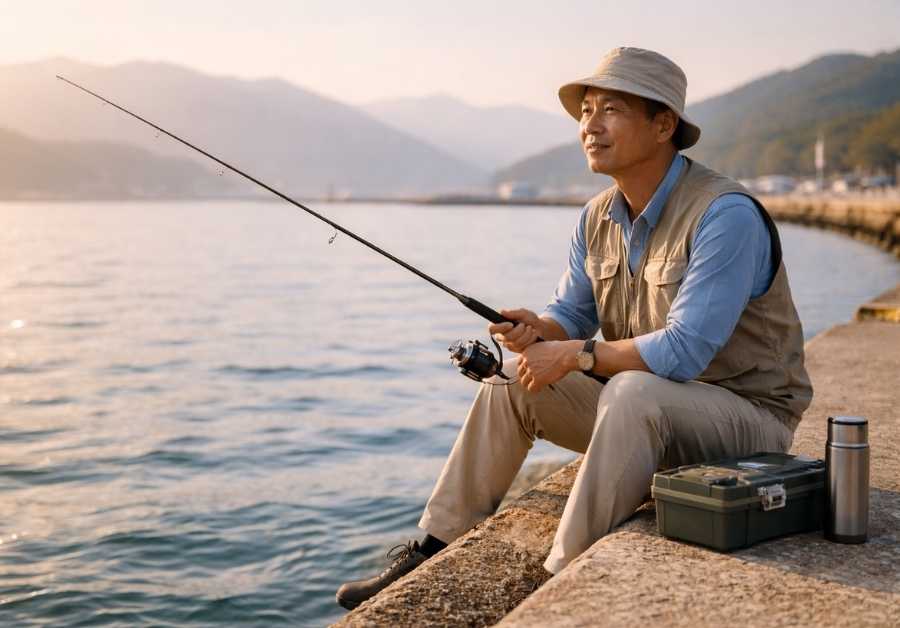 堤防で穏やかに釣りを楽しむ60代男性。尿漏れの不安を乗り越え趣味に復帰したイメージ。