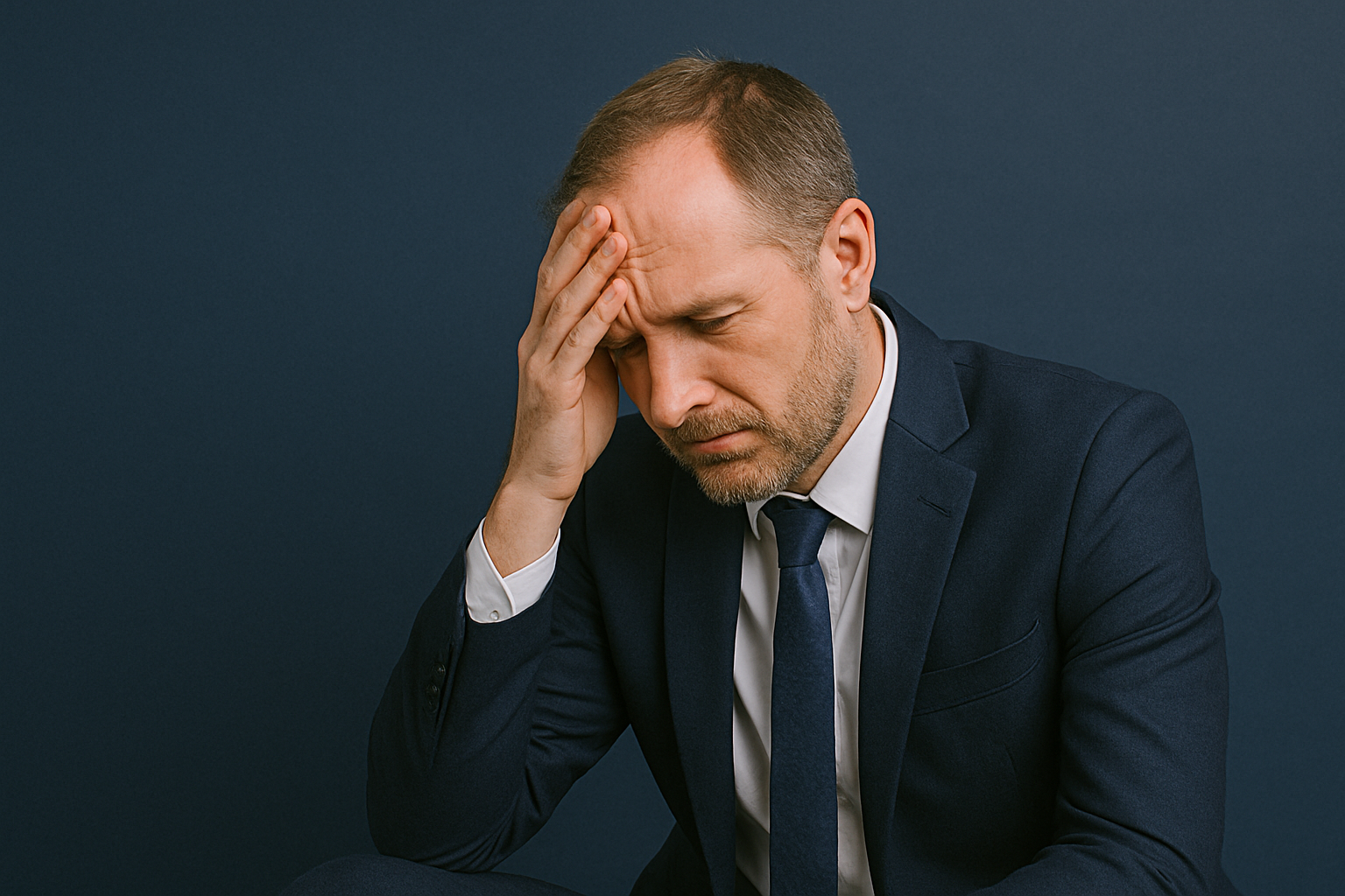 A clean and professional image of a middle-aged Caucasian businessman in a navy suit sitting with a hand on his forehead, looking stressed against a navy background, symbolizing the emotional and physical impact of incontinence.