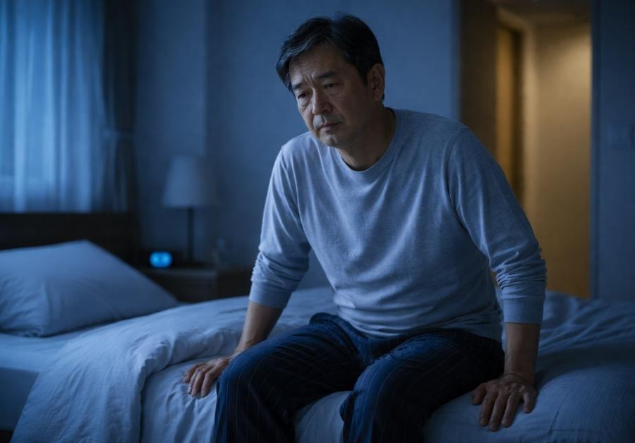 夜中にベッドから起き上がりトイレに向かう中年男性のシルエット