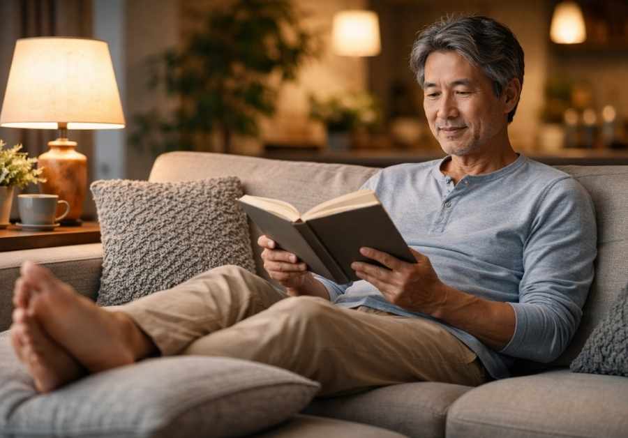 夕方のリビングで足をクッションに乗せて本を読む60代前半の日本人男性