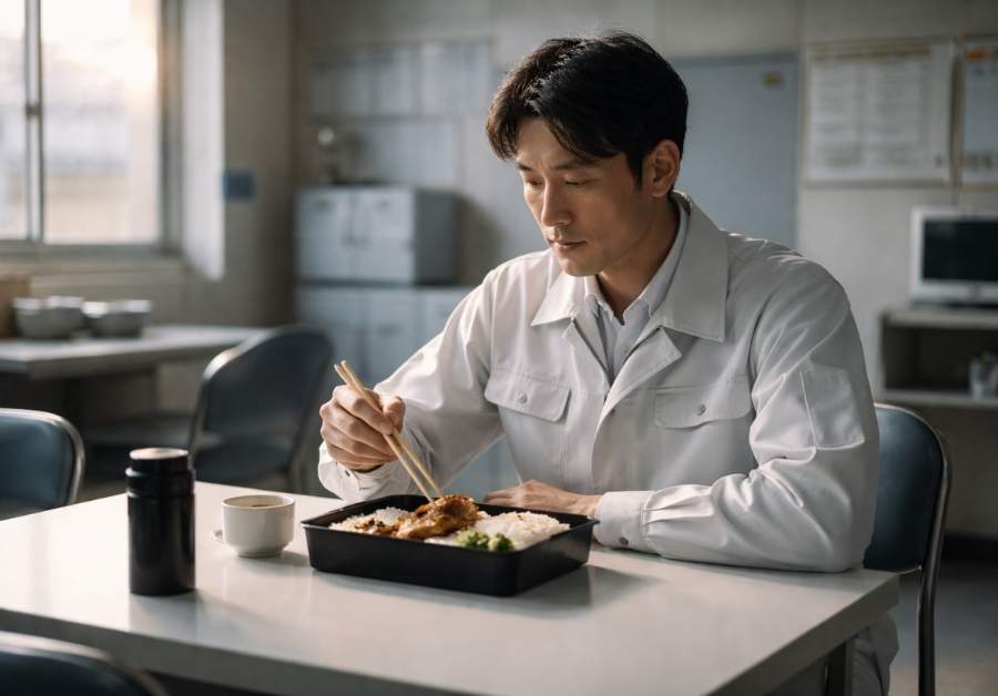 工場の休憩室で落ち着いて食事をとる30代男性。シフトワークとIBSの折り合いをつけたイメージ。