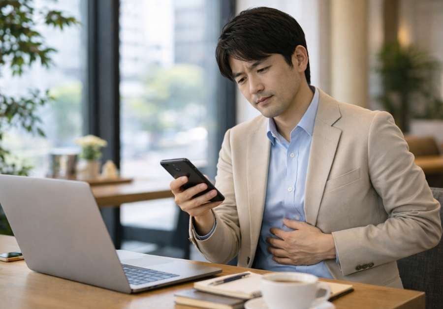 20代後半から30代前半の若い社会人が現代的なオフィスでストレスを感じながらお腹の不調に対処している様子