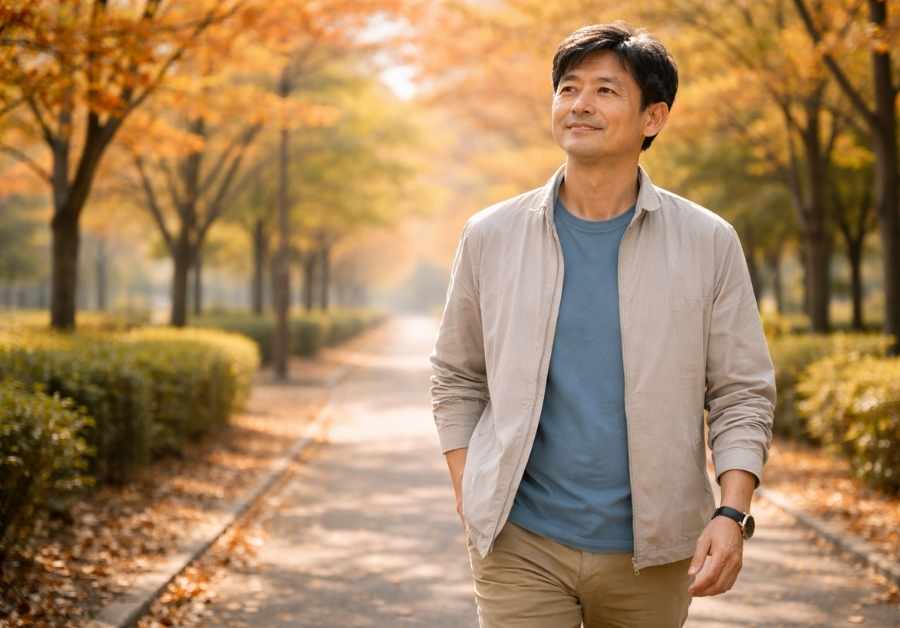 秋の並木道を前向きな表情で歩く男性。前立腺がん手術後の回復の道のりを一歩ずつ進むイメージ。