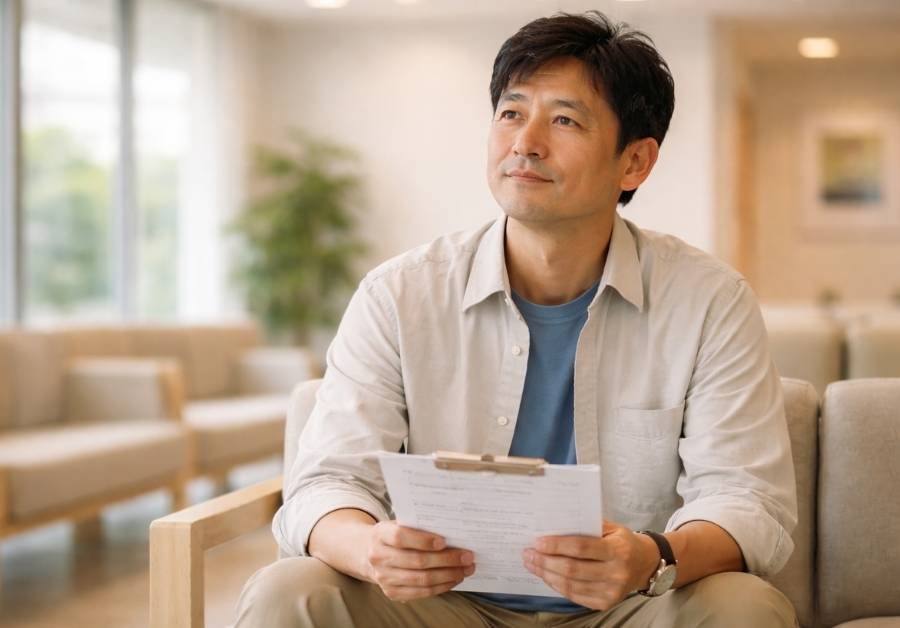 クリニックの待合室で問診票を手にする中年男性。前立腺肥大症の症状チェックのために泌尿器科を受診するイメージ。