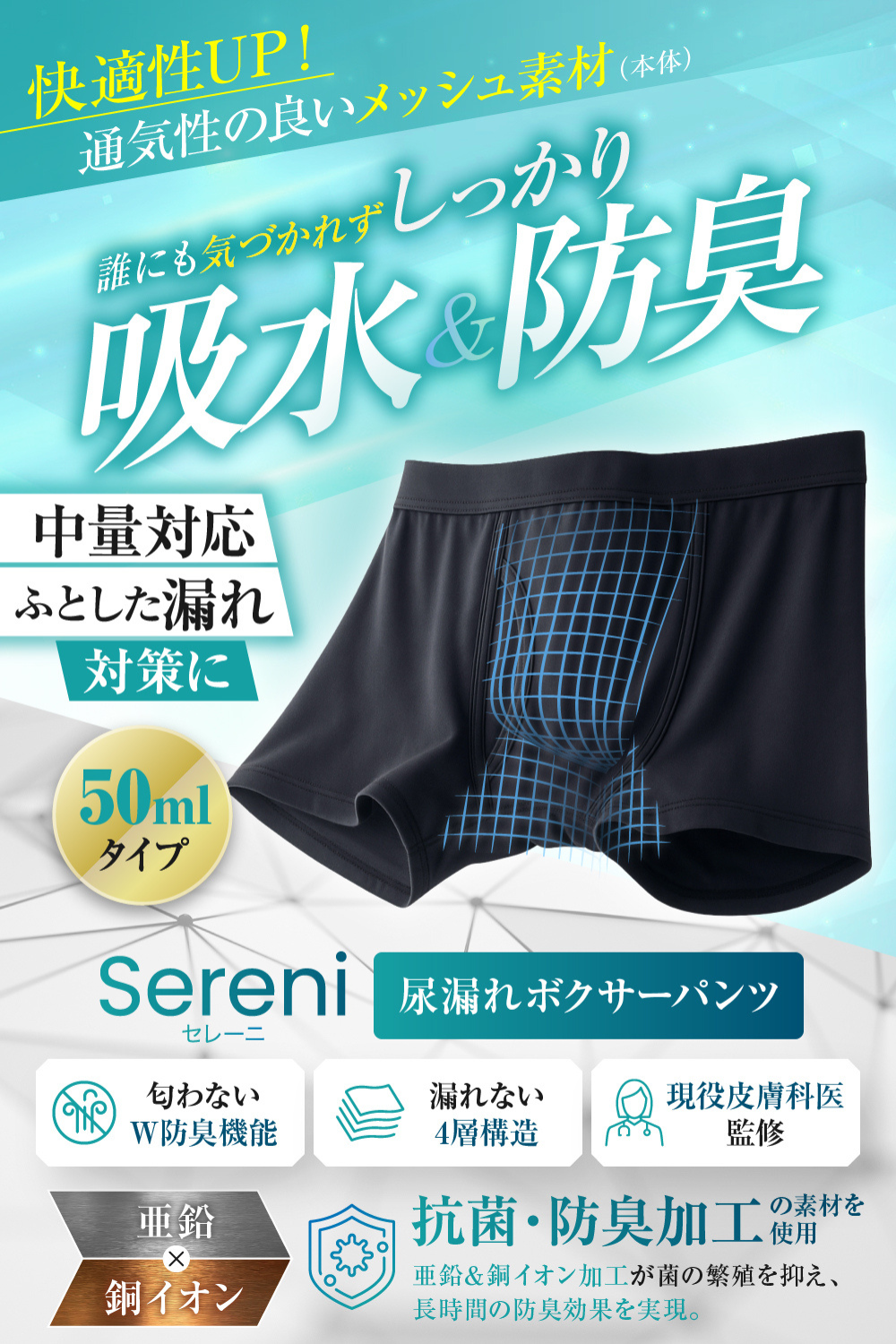 暑さ対策・スポーツ用 メッシュ 50ml対応 尿漏れパンツ クロ