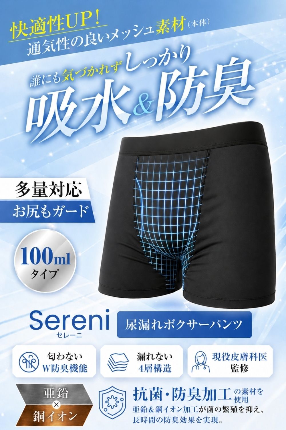 100ml対応 尿漏れパンツ 男性用 メッシュ｜大容量帯で最薄・前開き｜Sereni